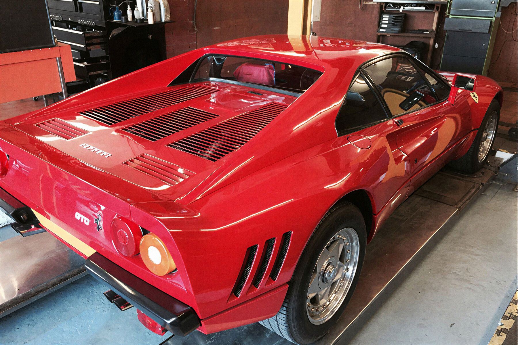 Red Ferrari 288 GTO in the Tarduff Motors workshop